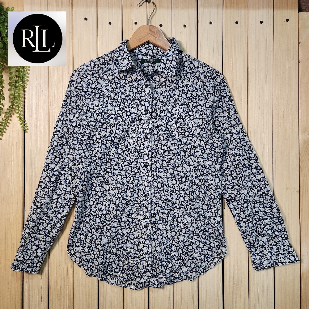 Lauren Ralph Lauren Shirt Womens Black and White Patterned, Blouse Size M